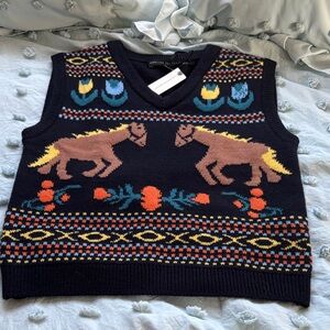 Anthropologie Sold Out Navy Horse Pattern V-Neck Sweater